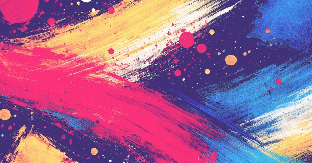 Abstract art with wide paint brush strokes, vibrant colors, and paint blotches.