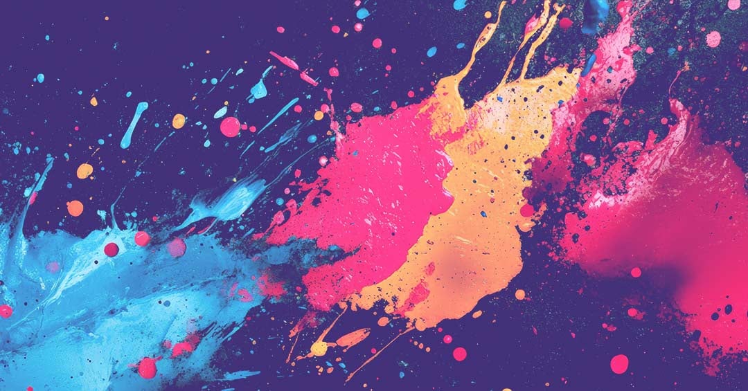 Abstract painting depicting splashes of paint across a purple canvas.