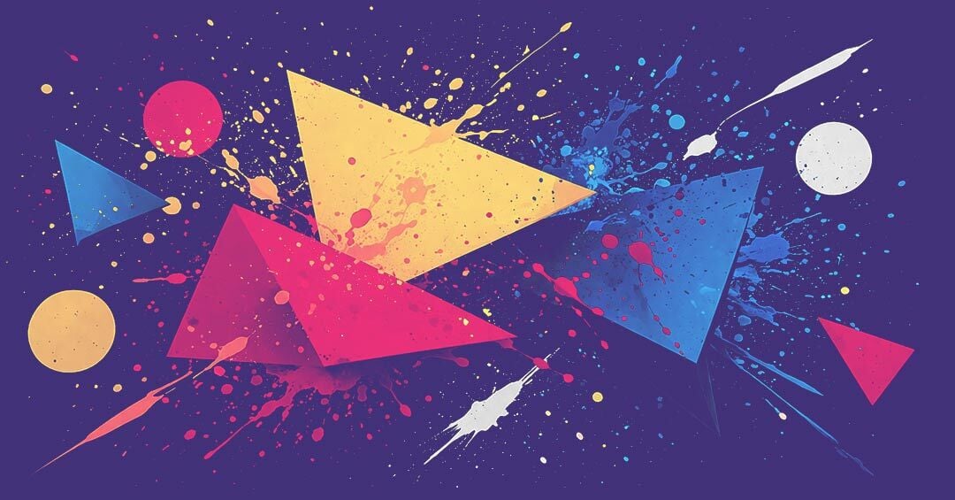 An abstract painting depicting triangles, pyramids, and circles, in different colors.