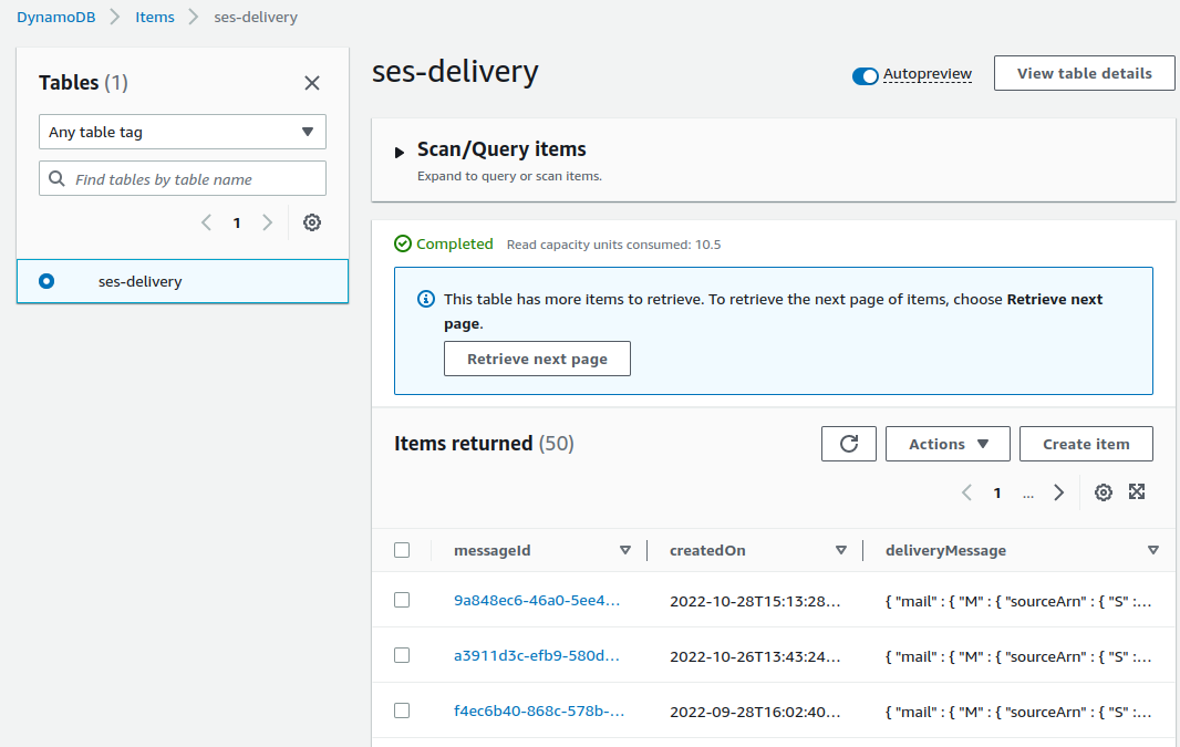 The DynamoDB items explorer on the AWS Web Console