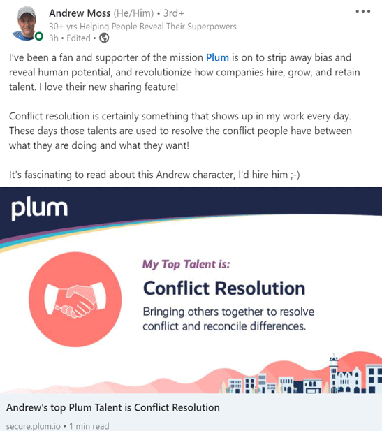 LinkediIn post from a Plum user.