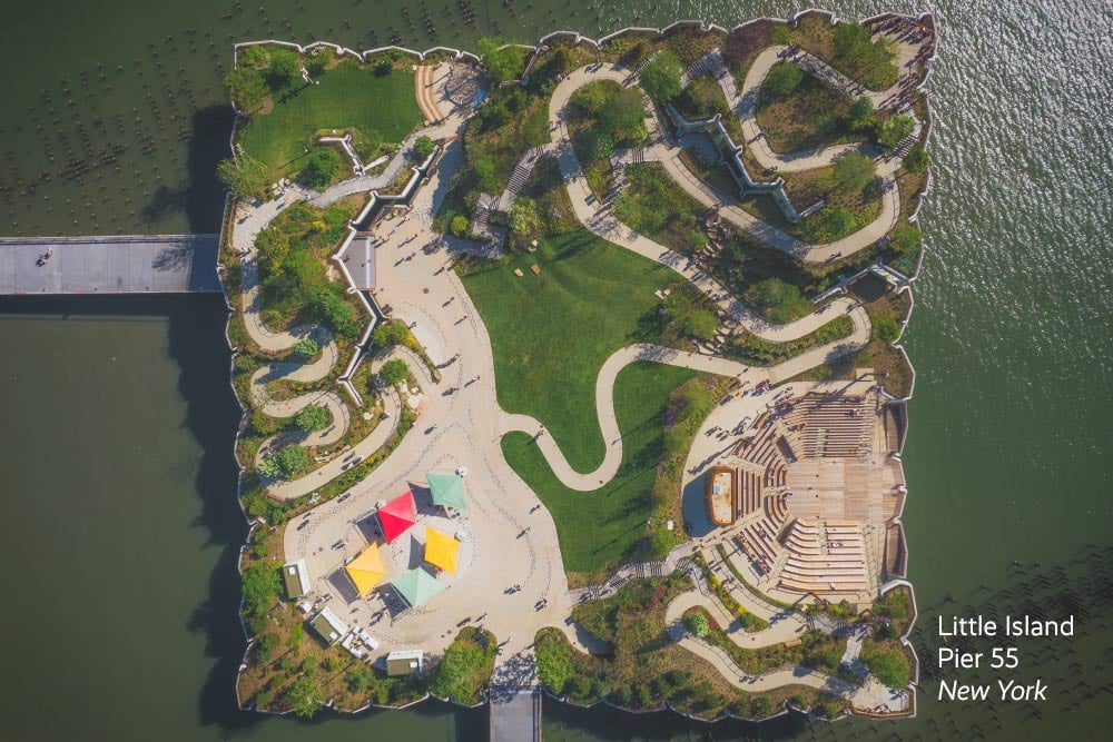 An overhead photo of Little Island, Pier 55 in New York City.