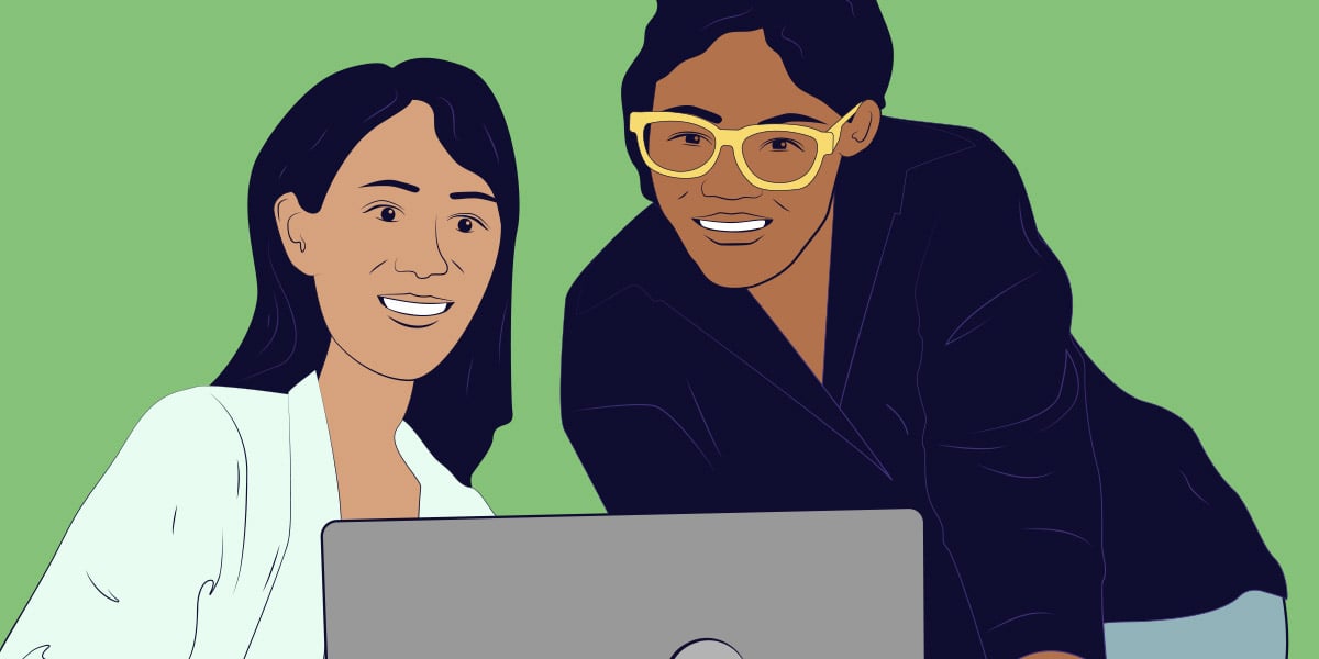 Illustration of two workers happily collaborating.