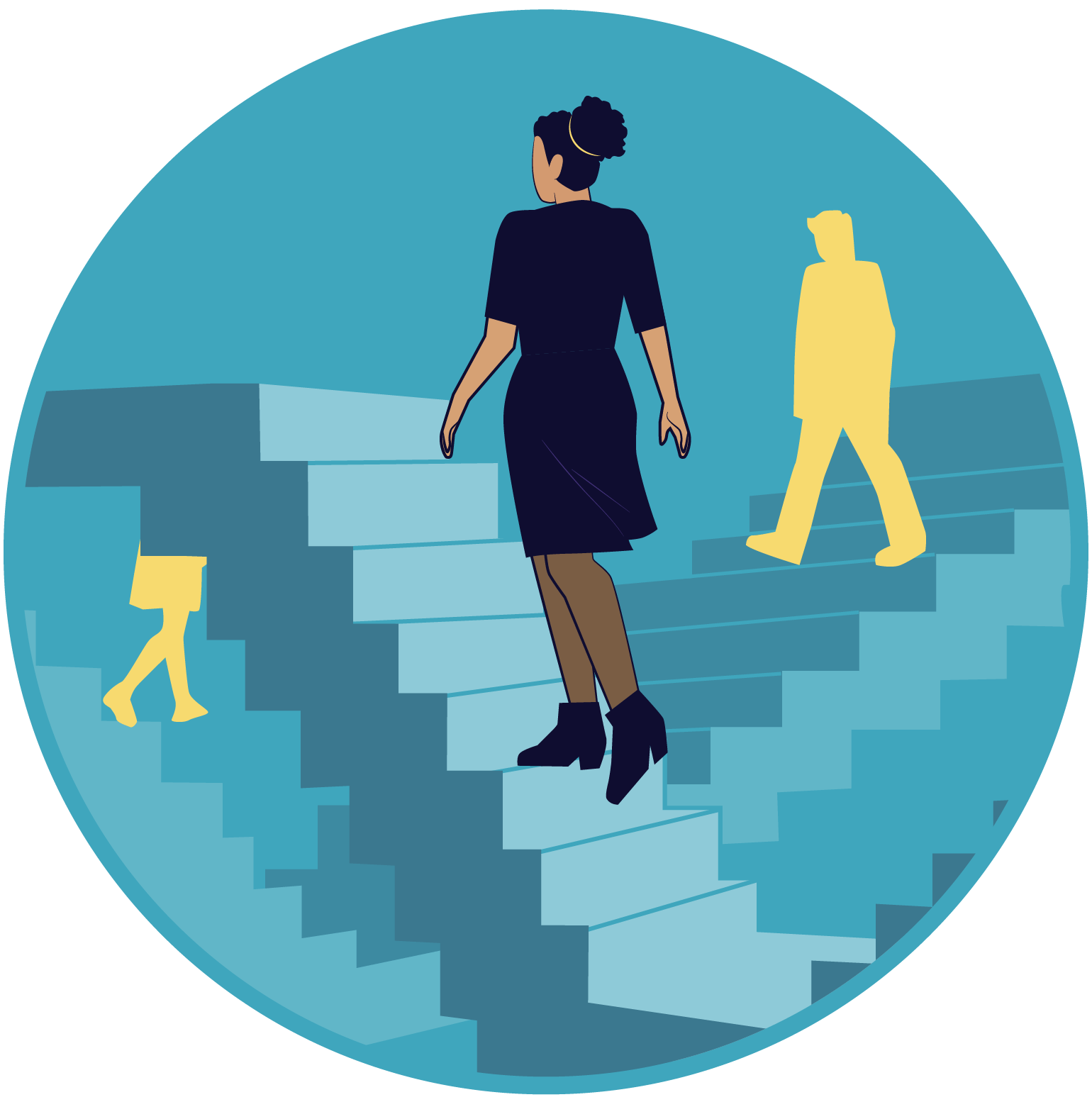 A woman walkng on stairs that can take her to many places in her career.