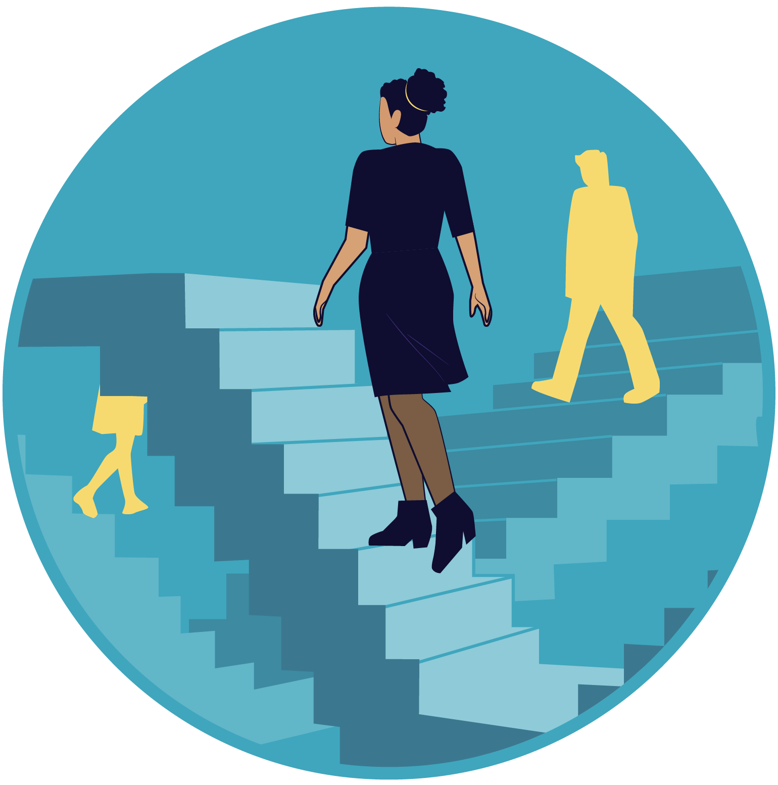 A woman walkng on stairs that can take her to many places in her career.