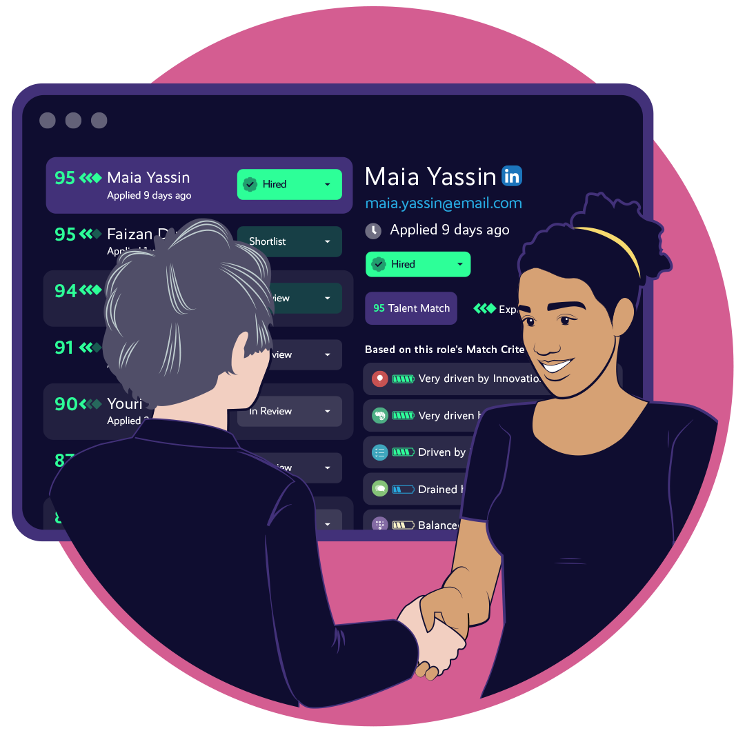 Predict their potential. Image of a hiring manager welcoming a new hire with the hiring criteria in a dashboard behind them.