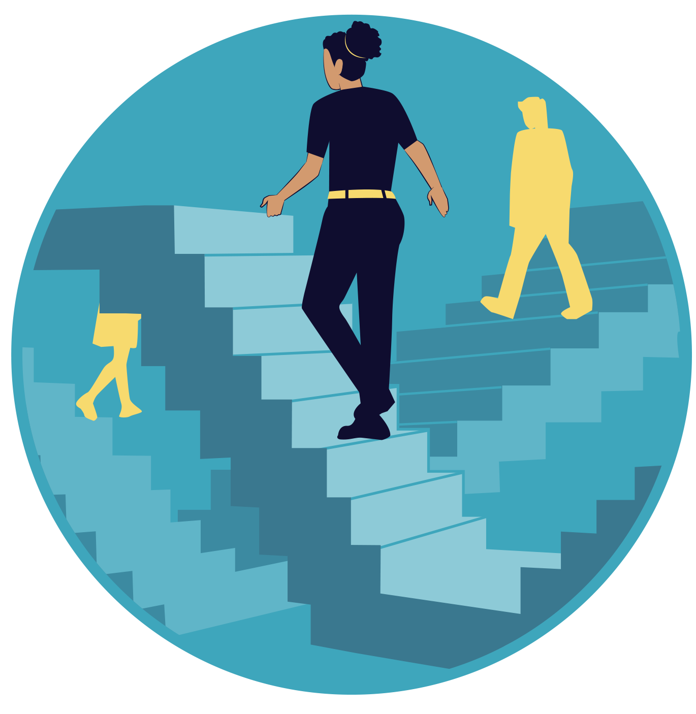 A woman walkng on stairs that can take her to many places in her career.
