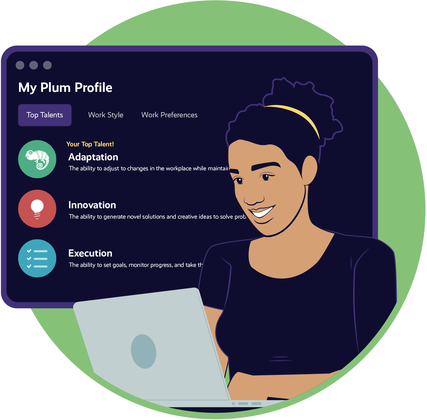 A woman looking over her Plum Profile and Plum Talent Guide.