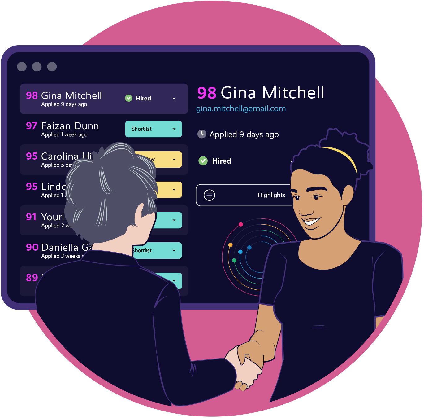 A woman being shaking hands with a hiring manager after being hired in front of the Plum Platform Recruiting Dashboard