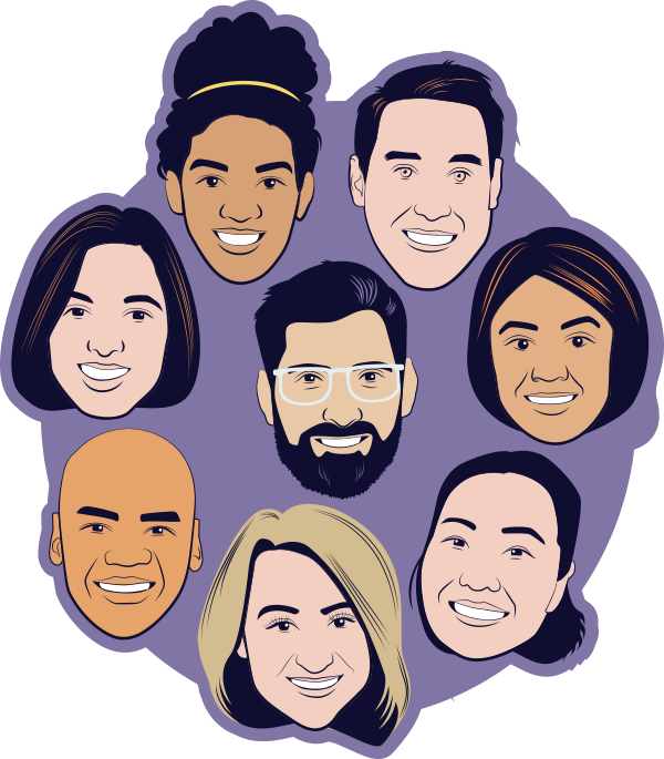 Illustrated diverse team faces representing candidates assessed for soft skills using Plum’s hiring solution for early career and high-volume roles