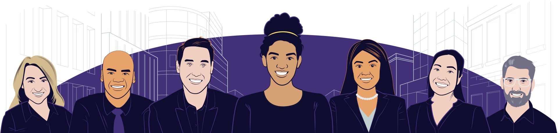 Illustration of people in front of a cityscape.