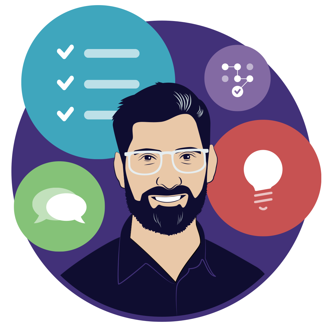 Illustration of a man with Plum Talent badges placed around him signifying the joy candidates feel when creating their Plum Profile.