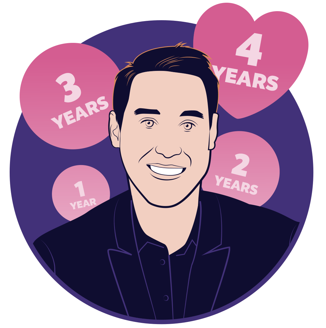 A man with floating hearts around him showing how many years he has worked for the company.
