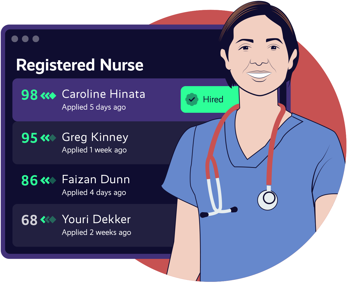 Dashboard showing a candidate being hired for a Registered Nurse position and an illustration of the candidate.