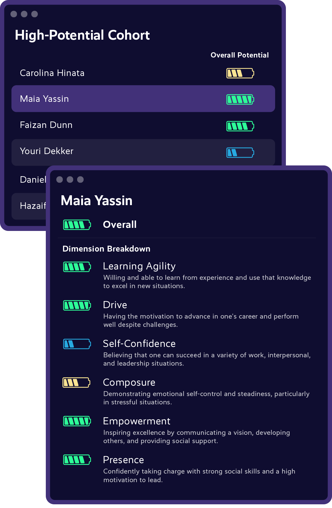 Example of a Leadership Potential cohort and a breakdown of leadership dimensions for a high potential candidate.