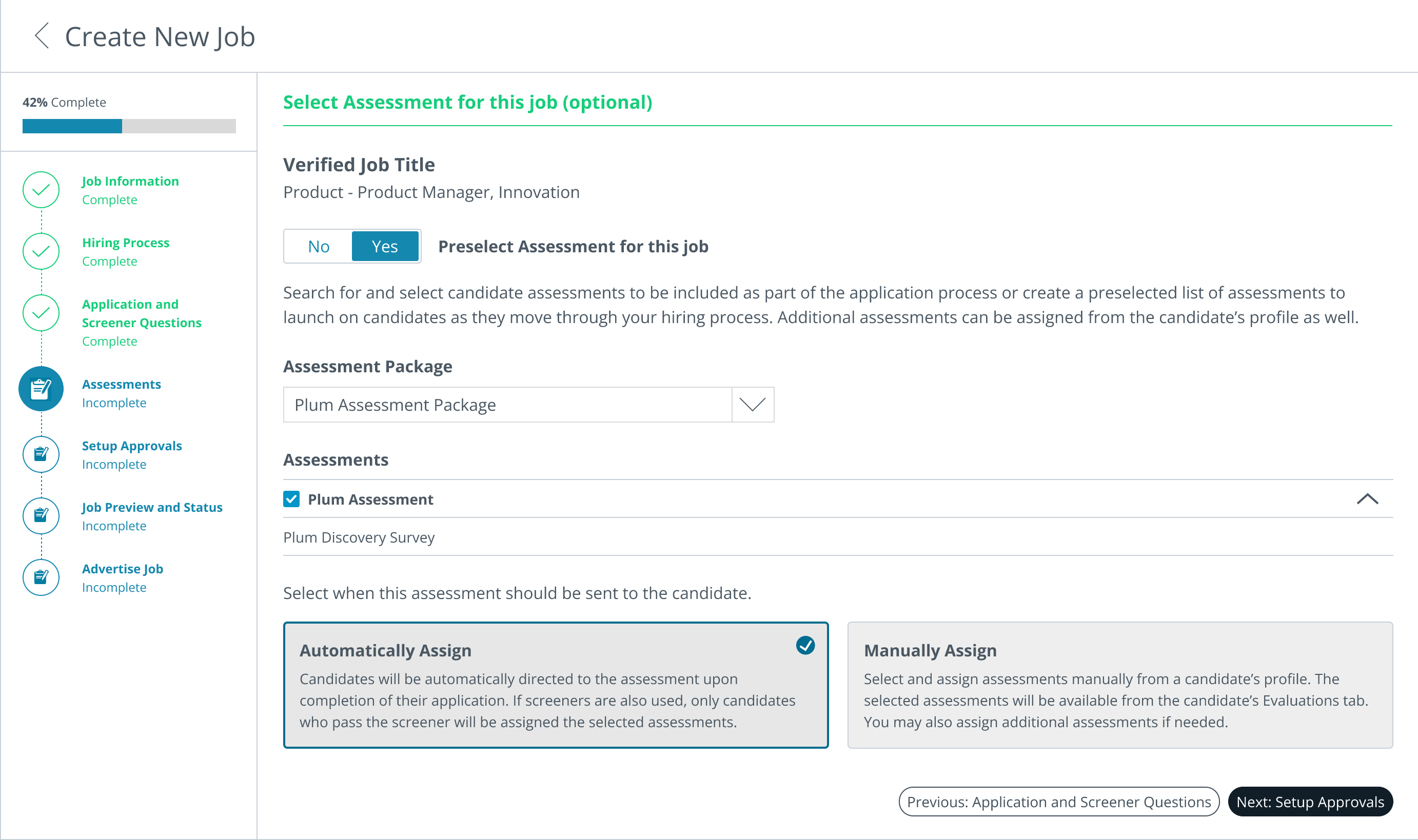 A screen shot of the Paylocity interface to assign an assessment for a job.